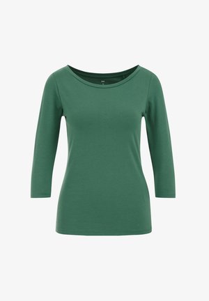 Žalias, ilgomis rankovėmis viršus su plačiu iškirpimu. Pagamintas iš lygios, elastingos medžiagos. Paprastas dizainas, be raštų ar akcentų.