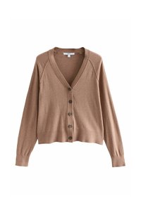 Cardigan marron avec un décolleté en V, sept boutons et des poignets côtelés. Fait de tissu doux avec une texture légère et une coupe décontractée.