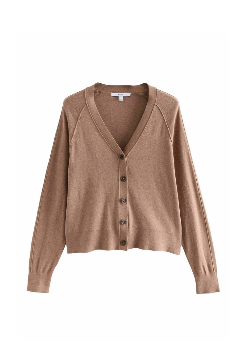 Cardigan marron avec un décolleté en V, sept boutons et des poignets côtelés. Fait de tissu doux avec une texture légère et une coupe décontractée.