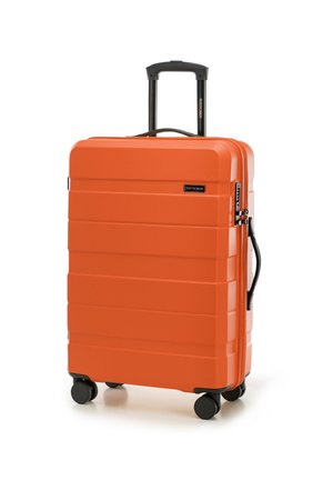 Hard-shell orange suitcase with textured finish, telescopic handle, and four black wheels. Features a simple design and zipper closure.