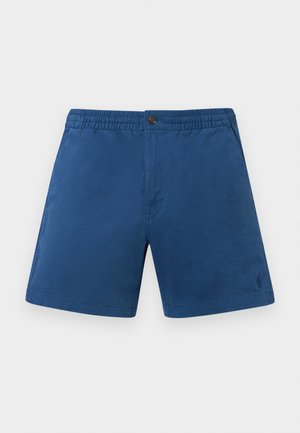 Pantalones cortos azules hechos de una tela suave y liviana. Cuentan con una cintura elástica con un botón, un frente plano y bolsillos laterales.