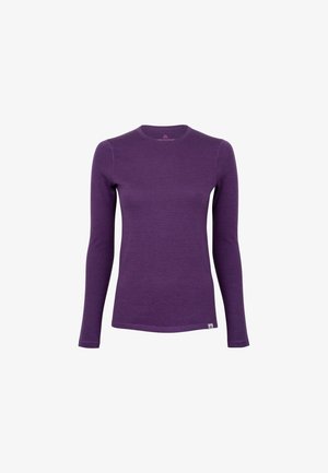 Lange mouwen paarse top gemaakt van zachte stof, met een ronde hals en een getailleerd ontwerp. Subtiele naden en een klein logo bij de zoom.