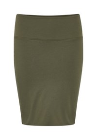 Jupe crayon olive unie avec une taille haute ajustée, fabriquée en tissu lisse et extensible.
