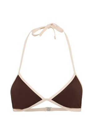 Haut de bikini marron avec des accents crème, des bonnets triangulaires et des liens noués autour du cou. Dispose d'une fermeture à agrafe à l'arrière. Texture de tissu lisse.