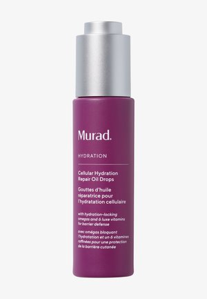 Murad Hydration Cellular Hydration Repair Oil Drops Flasche mit silbernem Verschluss, lila Gehäuse und zweisprachigem Produktbeschreibungstext.
