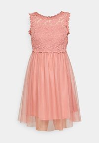 Vestido rosa con un cuerpo de encaje y escote terminado, que presenta una falda de tul con vuelo. Diseño sin mangas, con una superposición transparente.