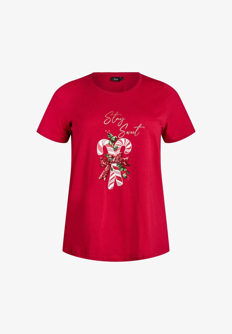 Rød bomulds T-shirt med rund hals, prydet med et grafisk motiv af slikstokke og en sløjfe, dekoreret med glimmer og blomstermotiver.