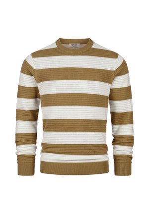 Sweter z długim rękawem wykonany z dzianiny, z szerokimi poziomymi paskami w kolorze beżowym i białym, z okrągłym dekoltem oraz ściągaczami przy mankietach i u dołu.