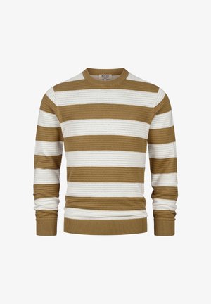 Sweter z długim rękawem wykonany z dzianiny, z szerokimi poziomymi paskami w kolorze beżowym i białym, z okrągłym dekoltem oraz ściągaczami przy mankietach i u dołu.