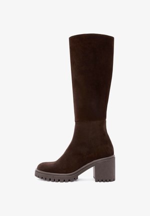 Brown suede knee-high boot with a rubber sole, chunky heel, and textured detailing on the bottom for grip. Smooth, matte finish.