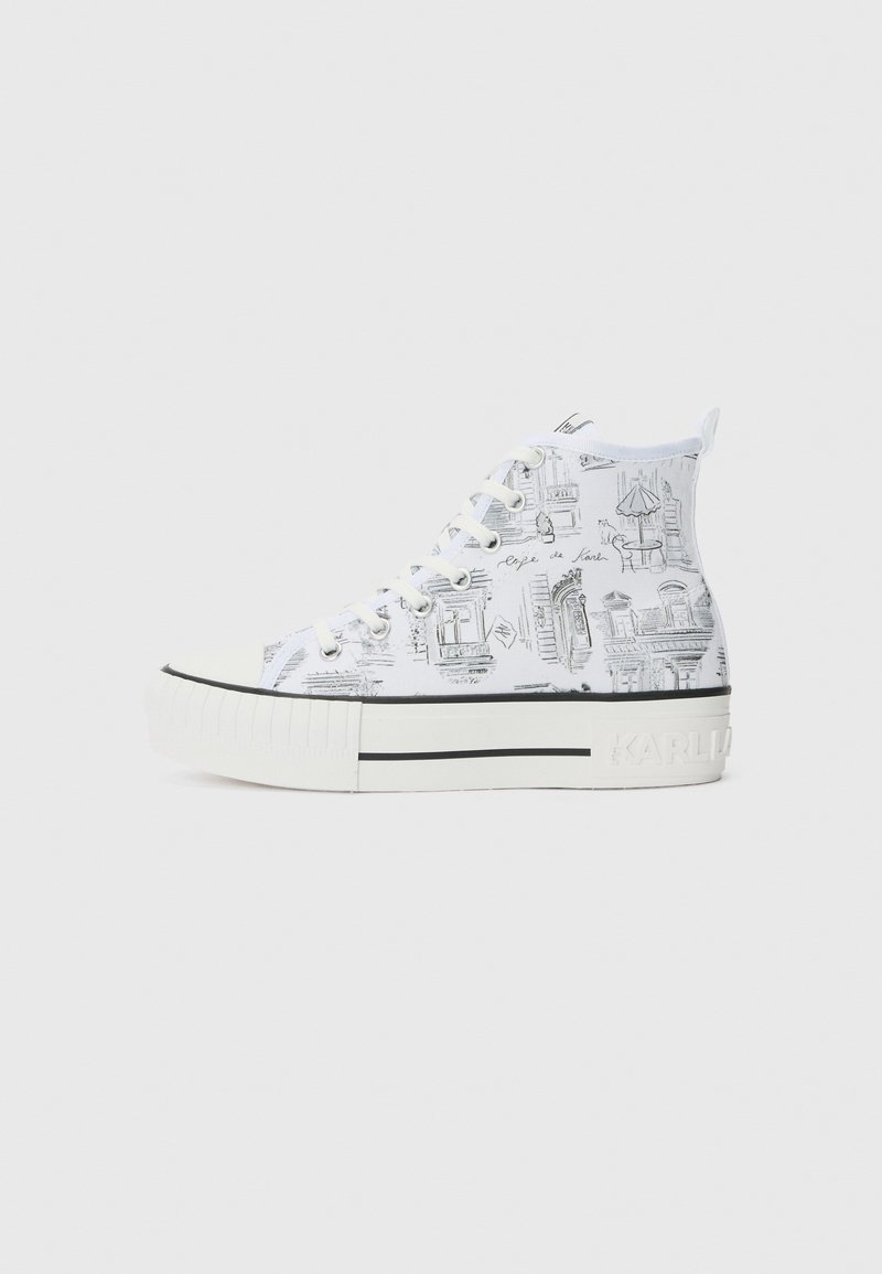 Hvite høye sneakers med skisset design, gummisåle og svarte detaljer. Teksturert stoff med detaljerte illustrasjoner.
