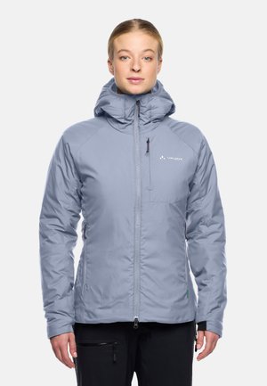 Light gray insulated jacket with a hood, zippered front, and chest pocket. Features elastic cuffs and water-resistant material.