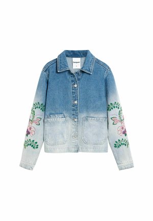 Kurtka dżinsowa z gradientowym przejściem koloru, z przodu na guziki, z dwoma kieszeniami i kwiatowym haftem na obu rękawach.