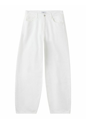 Laiadevalged teksapüksid kõrge vöökohaga, ees nööpide ja tõmblukuga ning viie taskuga.