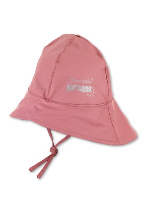 Rosa atmungsaktiver Outdoor-Hut mit breiter Krempe und verstellbaren Kinnriemen, mit reflektierendem "Sterntaler Outdoor"-Logo auf der Vorderseite.