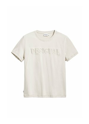 Svijetlosmeđi pamučni majica kratkih rukava s uzdignutim tekstom "DESIGUAL" sprijeda i okruglim izrezom.