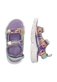 Lila Sandalen mit schimmernden Riemen, verstellbaren Klettverschlüssen und einer strukturierten lila Fußbett. Mit einer gepolsterten weißen Sohle.