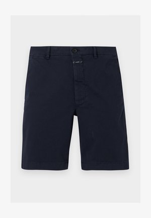 Navy blue knee-length shorts with button closure, belt loops, and front pockets, laid flat on a white background.