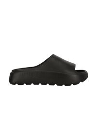 Schwarze Slip-On-Pantoffel mit dicker Sohle und offenem Zehenbereich, entworfen für lässiges Tragen und einfachen Ein- und Ausstiegskomfort.