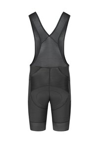 Black cycling bib shorts featuring a textured, ribbed design on the straps and padded seat area with smooth fabric on the legs.