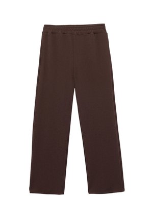 Brune brede bukser med elastisk talje, lige snit og uden synlige lommer, præsenteret på en hvid baggrund.