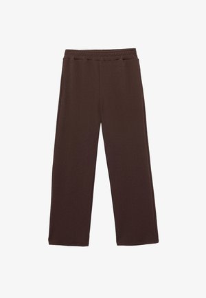 Pantalones de pierna ancha marrones con cintura elástica, corte recto y sin bolsillos visibles, mostrados sobre un fondo blanco.