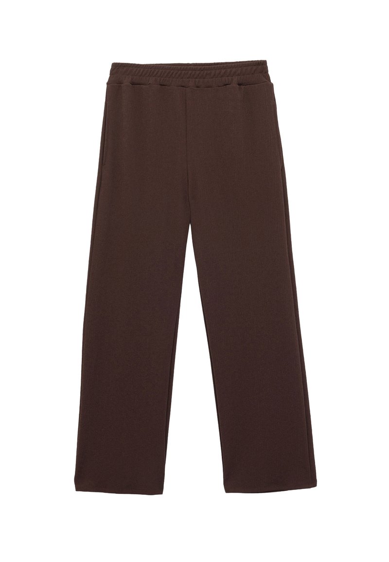 Bruine wijde broek met een elastische tailleband, rechte snit en geen zichtbare zakken, weergegeven op een witte achtergrond.