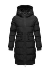 Black puffer coat with a hood, featuring a full front zipper, two front pockets, and a textured quilted design. Elastic cuffs and waist.