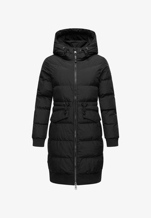 Juodas pūkinis kailis su kapišonu, turintis pilną priekį užtrauktuką, dvi priekinės kišenes ir tekstūruotą siuvinėtą dizainą. Elastingi rankogaliai ir juosmuo.