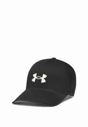 Schwarze Baseballkappe mit gebogenem Schirm, auf der Vorderseite mittig befindet sich ein weißes Under Armour-Logo.