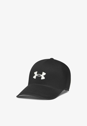 Schwarze Baseballkappe mit gebogenem Schirm, auf der Vorderseite mittig befindet sich ein weißes Under Armour-Logo.