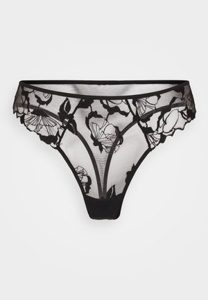 Zwarte kanten string met bloemenborduursel, met een doorschijnend paneel en golvende randen. Zacht materiaal en een ontwerp met minimale bedekking.