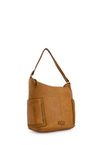 Hellbraune Leder-Umhängetasche mit geflochtenen Akzenten an den Seitentaschen. Verfügt über einen einzelnen Riemen und eine glatte, strukturierte Oberfläche. Markenlabel: VENEZIA.