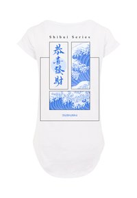 White t-shirt featuring a blue graphic design with waves and text, labeled "Shibui Series," on the back. Soft cotton material.