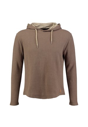 Brauner, strukturierter Langarm-Hoodie mit cremefarbener Kapuzenfütterung und passenden Kordeln, auf weißem Hintergrund dargestellt.