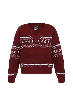 Bordeaux trui met een V-hals, voorzien van witte en zwarte geometrische patronen. Gebreide structuur en een ontspannen pasvorm met lange mouwen.