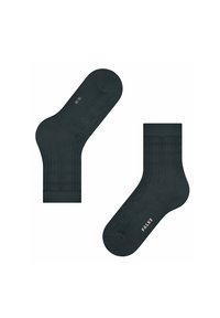 Dunkelgrüne Socken mit einem gerippten Muster, einer glatten Textur, verstärktem Fersen- und Zehenbereich sowie geprägtem "FALKE"-Logo.