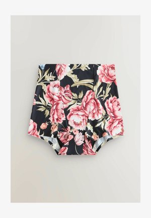 Moteriški maudymosi šortai aukštu liemeniu, juodos spalvos audinys su dideliais rožiniais gėlėmis, su žaliomis lapelėmis ir lygiu tekstūru, sukurtas patogumui.