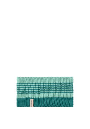 Fascia rettangolare lavorata a maglia con righe orizzontali in verde turchese e verde chiaro, con una piccola etichetta in tessuto con il nome del marchio Vaude.