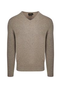 V-hals trui in lichtbeige, gemaakt van zacht breigoed. Heeft lange mouwen en een ontspannen pasvorm, met subtiele textuur overal.