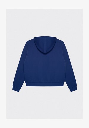 Navyblaues Kapuzensweatshirt aus strukturiertem Material, mit gerippten Bündchen und einem verkürzten Design. Verfügt über eine große, runde Kapuze hinten.