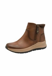 Bottillon en cuir marron avec fermeture éclair sur le côté, surface texturée, détails de couture subtils et semelle en caoutchouc beige pour une traction optimale.