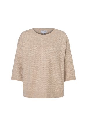 Pull en tricot beige à manches courtes avec motif chevron texturé et col rond, présenté sur fond blanc.