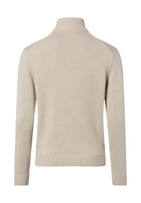 Beiger Strickpullover mit hohem Kragen, gerippten Bündchen und geripptem Saum, mit glatter Textur und figurbetontem Design.
