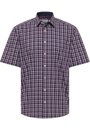 Camicia a maniche corte con bottoni, motivo a quadri blu, rosso e bianco, colletto classico e taschino sul petto.