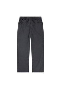 Grijze katoenbroek met een recht model, een elastische tailleband en twee achterzakken, ontworpen voor comfort en bewegingsvrijheid.