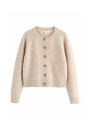 Beige strikket cardigan med rund halsudskæring, kabelmønster og forreste knapper. Ribbet manchetter og kant. Blød tekstur, kort længde.