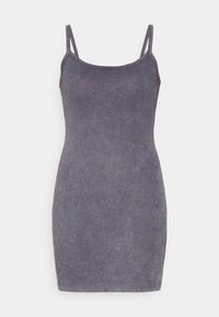 Violetinių medvilnės mišinio suknelė su plonomis petnešėlėmis, raibuliuojančia tekstūra ir prigludusia forma. Ji turi tiesų apvadu ir minimalų dekoravimą.