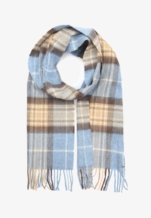 Blue plaid scarf made of soft wool, featuring brown and cream stripes, with fringed edges and a smooth texture.