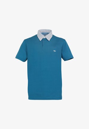 Sinivihreä poolopaita, jossa on kuvioitu valkoinen kaulus, lyhyet hihat ja pieni kirjailtu logo rinnassa. Puuvillamateriaalia, jossa on teksturoitu pinta.